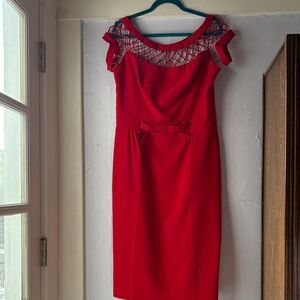 Tatyana Red Midi Dress with Bow and Cutout Neckline